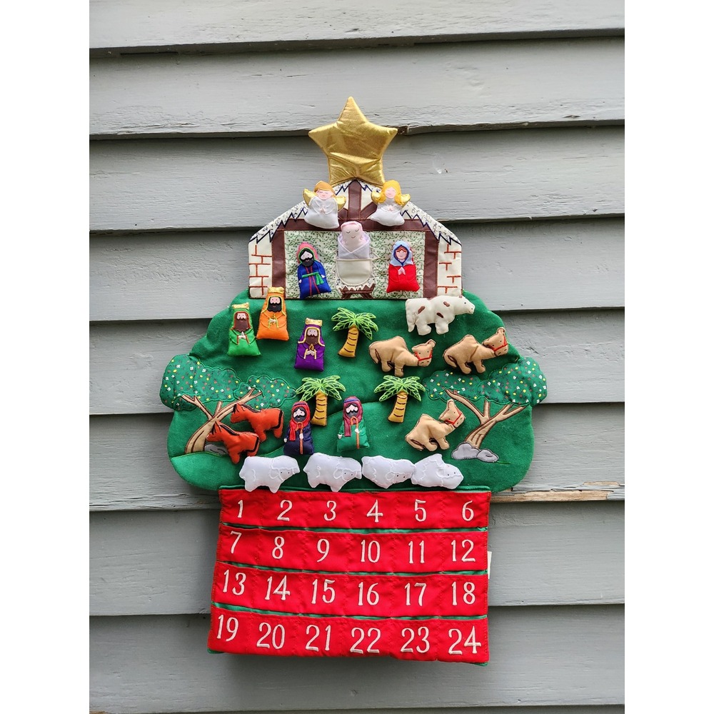 Kubla Kids Nativity Advent Calendar Green Red Fabric Plush Wall Hanging OS